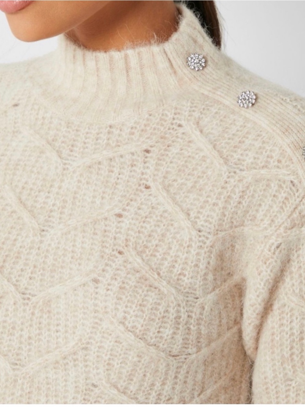 Ted Baker Cream Cable-Knit Mock Neck Sweater with Decorative Buttons